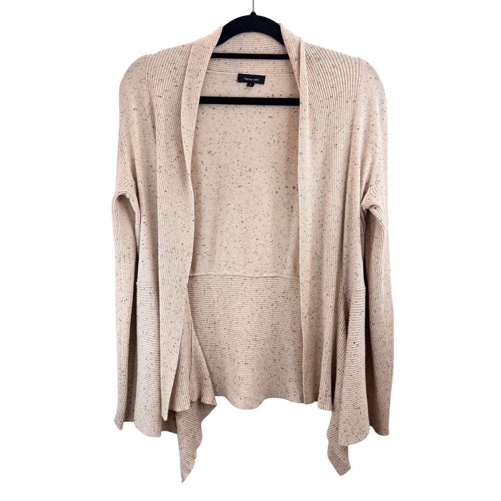 Verve Ami Women's Size L Speckled Knit Open Front Cardigan Sweater Beige‎